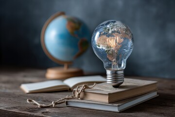 Fototapeta na wymiar Promoting awareness and education on World Intellectual Property Day with a globe-inspired light bulb above an open book and a traditional globe