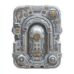 Ornate, silver & gold, industrial-looking device with arch and circular details