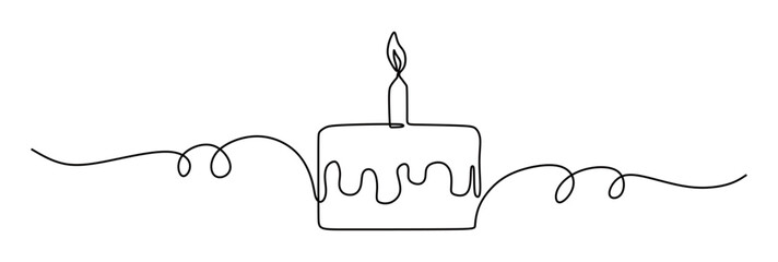 Continuous line art of a birthday cake with candles on top. Concept of a birthday celebration. Vector illustration.