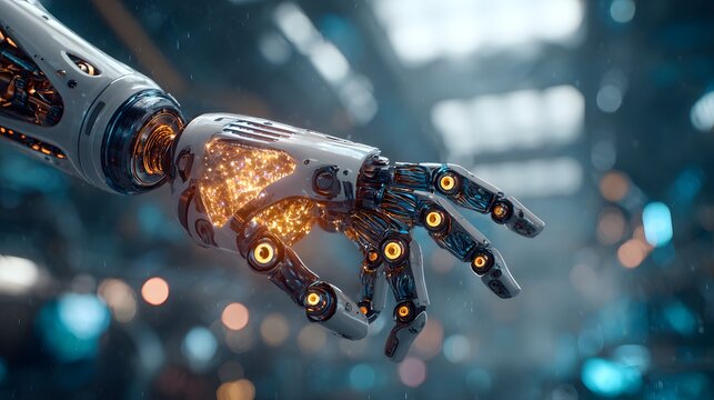 A robotic arm with intricate details and glowing elements against a blurred background of lights and machinery