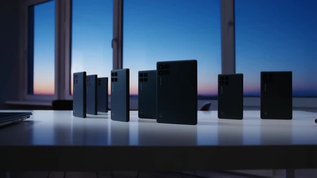 Modern smartphones rotating on table at sunset