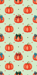 Orange pumpkins with polka dot bows seamless design. Hand drawn Autumn harvest seamless background with pumpkins and polka dots