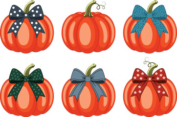Set of decorative pumpkins with bows vector illustration. Autumn pumpkins decorated with colorful bows clipart set
