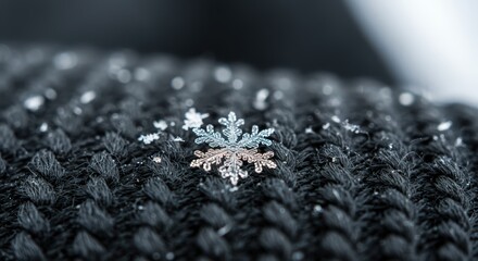 Snowflake on wool glove, perfect hexagonal symmetry melting on contact.