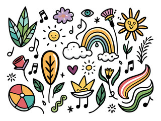 Whimsical doodle collection with sun rainbow flowers and music notes