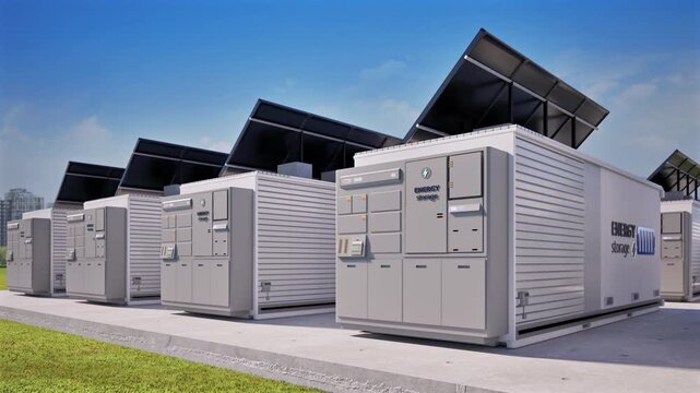 Group of energy storage systems or battery container units with solar panels 4k footage