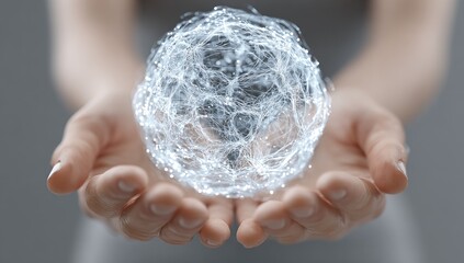 A translucent, sphere-shaped brain graphic hovers gently between cupped hands