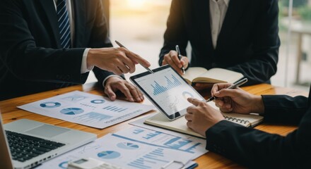 Business professionals collaborating on a project using a tablet and charts