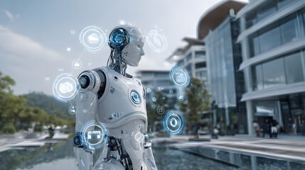 A humanoid robot stands outdoors surrounded by glowing digital interface icons and modern architecture