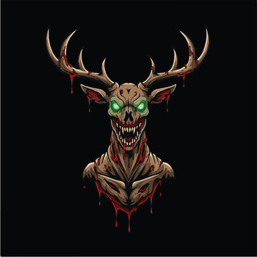 Glowing-eyed, bloody zombie deer head, monstrous antlers, dark background.