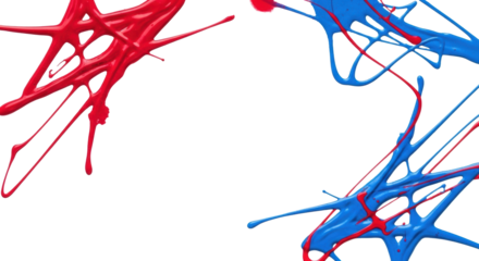 Vibrant crimson and electric blue textured spray paint in sharp streaks, dynamic splatters on transparent background with copy space, studio lighting, urban art and chaotic creativity concept