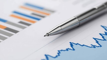 Financial data is being analyzed with a pen on a business graph and charts at an office desk.