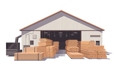 Lumberyard Scene with Stacks of Wood and Industrial Building in Stylized Illustration Design Perfect for Construction and Carpentry Themes
