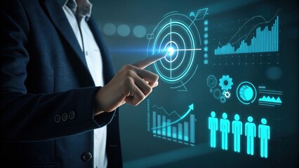 Businessman touching futuristic holographic interface with data analytics