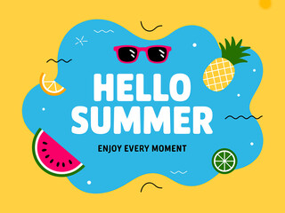Bright and Cheerful Hello Summer Illustration with Fruits and Sunglasses Celebrating the Warm Season