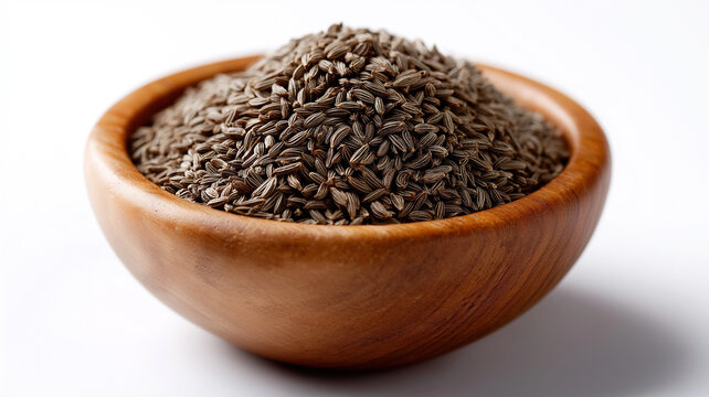 Close-up of fresh cumin seeds in rustic polished wooden bowl isolated on white background, earthy brown spice texture highlighted with crisp lighting for natural organic cooking and herbal remedies