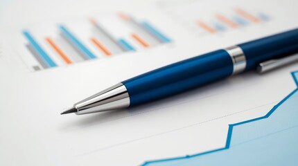 Work with graphs stock market report with a pen, chart, and diagram for financial growth analysis.