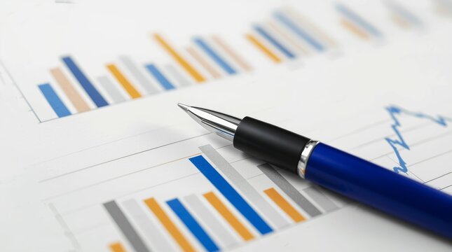 Work with graphs  stock market report with a pen, chart, and diagram for financial growth analysis. - Powered by Adobe