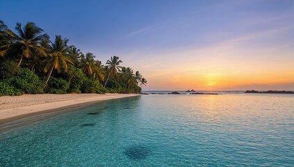 Fototapeta premium A scenic beach with palm trees and calm turquoise water