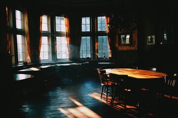 Sunlight streams into a dark, historic room
