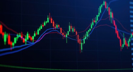 Abstract trading chart with candlesticks and moving averages on dark display finance concept