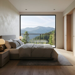 Fototapeta premium Modern mountain bedroom with panoramic view. A comfortable bed in a light-filled room, showcasing a stunning vista of the mountains and forest from a large window.