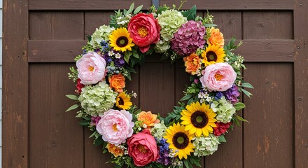 Colorful floral wreath decorated door