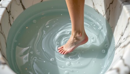 Fototapeta premium a close up photo captures a foot submerged in water, with bubbles surrounding it, as if being washed. the foot belongs to an individual whose leg extends above the frame