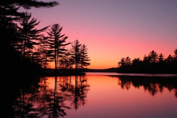 Silhouetted pines reflect in a tranquil lake at sunset, vibrant pink and purple hues
