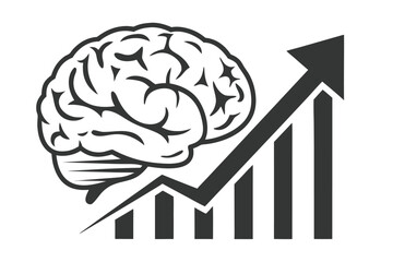 Brain and Increasing Graph in Dark Gray, Growth Concept on White Background