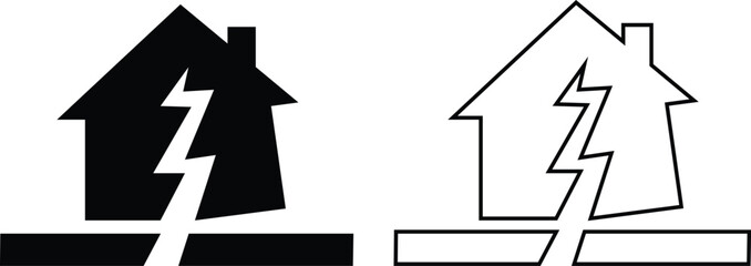 Earthquake houses collapse icon set, black solid and outline vector of damaged skyscrapers, cracked ground, shaking effect, seismic disaster, destruction, emergency alert and safety awareness symbol