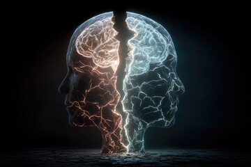 Two halves of a brain, split by a crack, illuminated by contrasting light