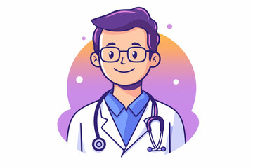 Fototapeta premium 2d logo illustration of a cartoon-style doctor wearing a coat & a stethoscope. Soothing colors, white background, flat design, vector style.