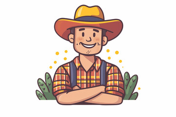 2d logo illustration of a cartoon-style farmer with arms crossed. Wearing a big hat and a plaid shirt. Plants around, White background, flat design, vector style.