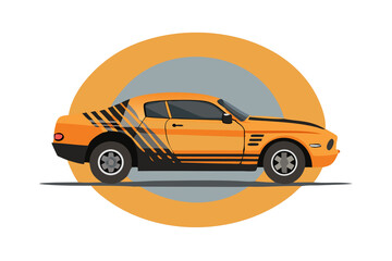 Retro orange muscle car with racing stripes inside a stylized sun graphic