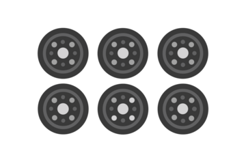 Six identical dark gray car wheels with silver lug nuts arranged in two rows on a black background
