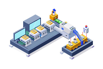 Obraz premium Modern automated factory assembly line with robotic arm and digital displays in isometric view