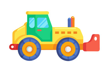 Fototapeta premium Colorful cartoon illustration of a yellow and green construction vehicle with large blue wheels on a black background