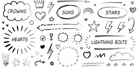 Hand Drawn Doodle Set with Crowns Hearts Stars Suns Lightning Bolts Arrows