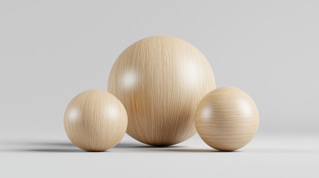 Three spheres of varying sizes and textures are arranged in a triangular formation against a plain gray background.