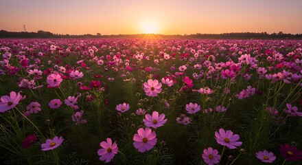 Pink cosmos field at sunset