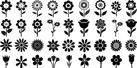 Set of Various Black and White Flower Silhouettes on a White Background