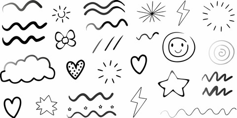 Hand Drawn Doodle Elements Collection with Heart Star Wave Cloud and Lightning