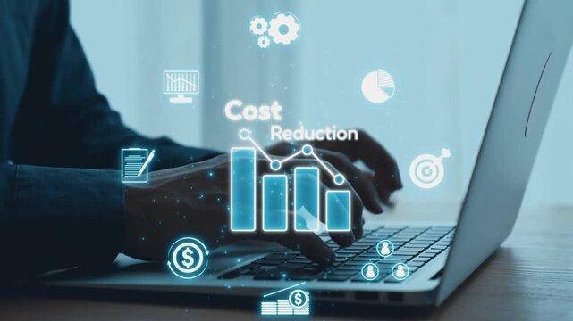 A business professional uses a laptop to interact with digital graphs and icons representing cost reduction strategies and financial growth insights in a modern workspace. Qubit
