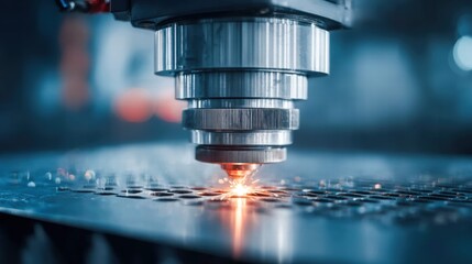 A laser cutter precisely cuts a metal sheet, creating sparks and precision