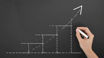 Hand drawing a business growth chart on a blackboard to visualize financial success and market plan.