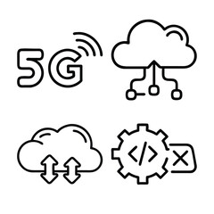 Obraz premium A set of four simple line art icons illustrating 5G connectivity, cloud computing with data transfer, and software development with coding symbols.