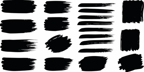 Collection of black ink brush strokes on white background for design elements