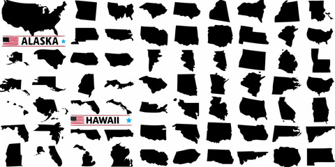 United States of America all states silhouette map collection on white background