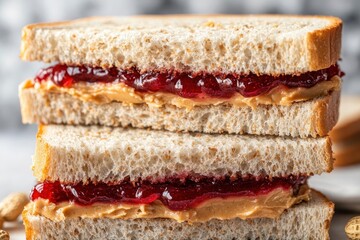 Close up of stack of peanut butter and jam sandwiches on white bread.